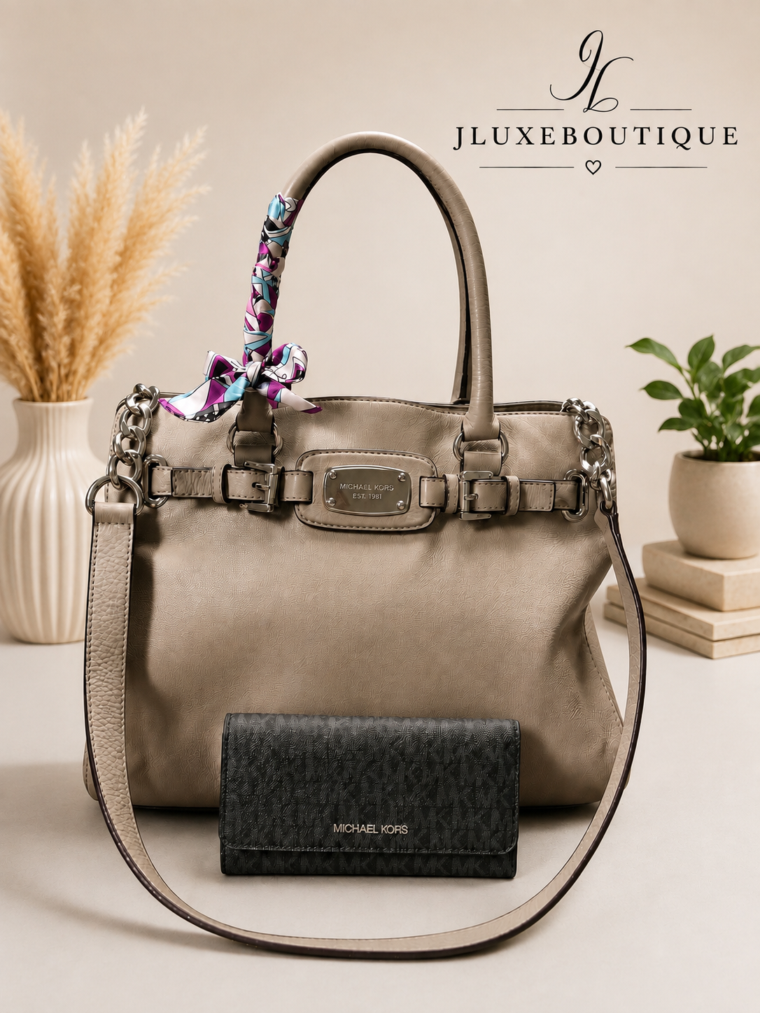 Back 2 School Michael Kors Hamilton Soft Leather Satchel and MK Black and Grey long jet set wallet set
